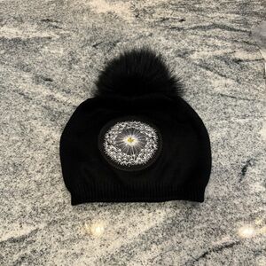 New Custom Designed Cashmere Blend Black Slouchy Pom Beanie w/ Large Dandelion.